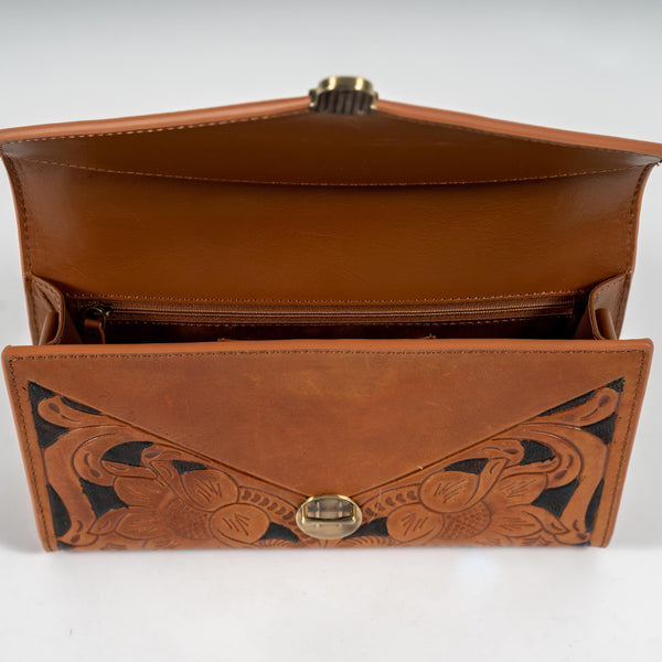 Circle Hand-Tooled Bag inside leather purse