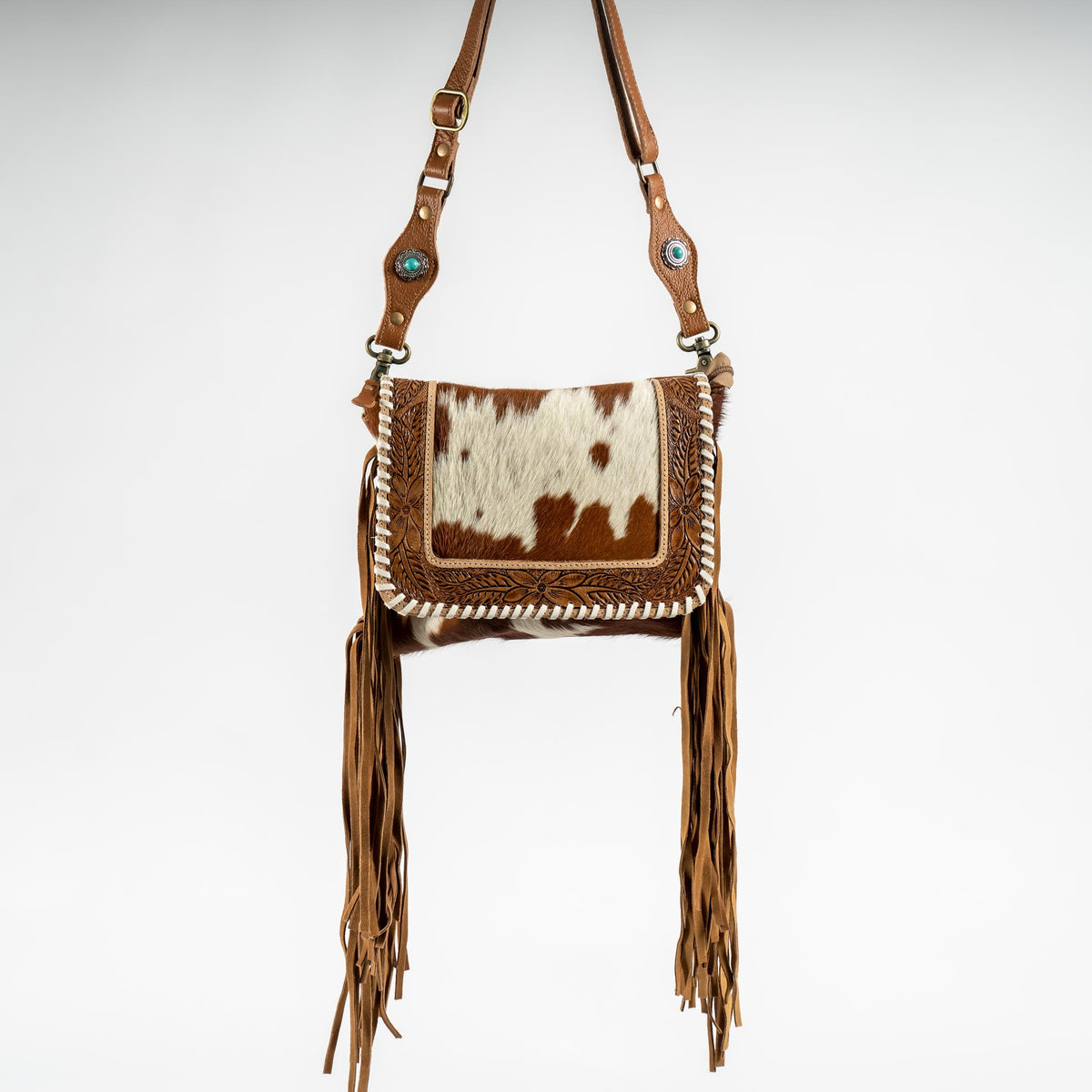 Fringe Front Flap Hand-Tooled Cowhide Purse