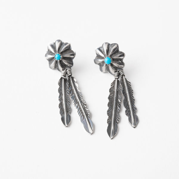 Pair of silver feather earrings with turquoise stones on a white background