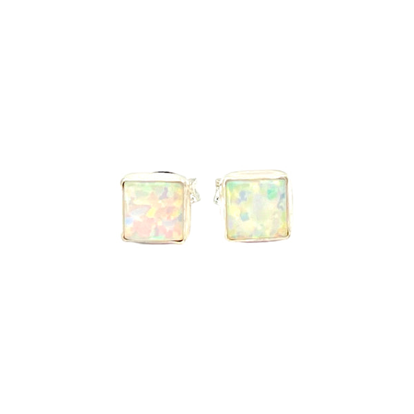 Square White Opal Sterling Earrings