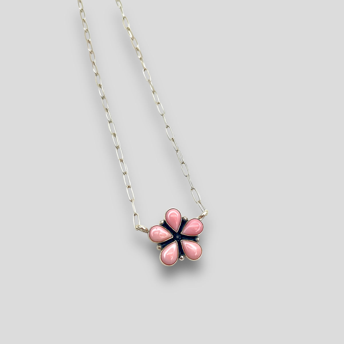 Native American Pink Conch Sterling Silver Flower Necklace