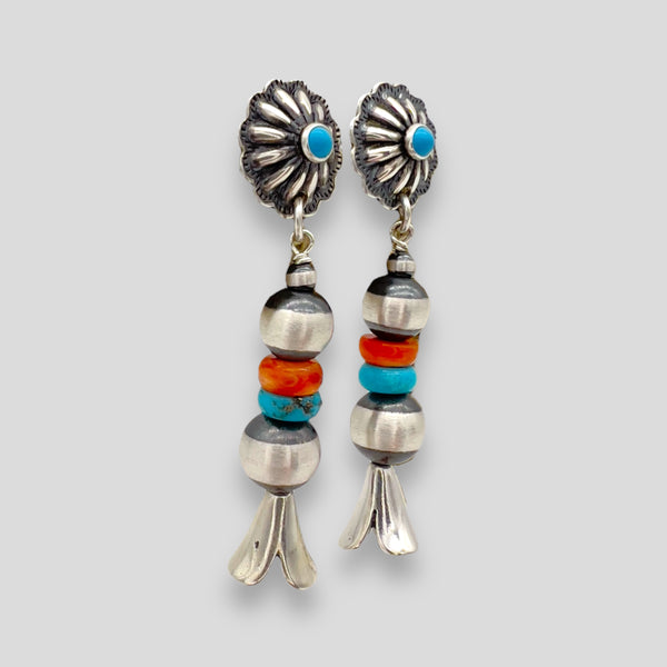 Native American Made Turquoise and Red Coral Earrings