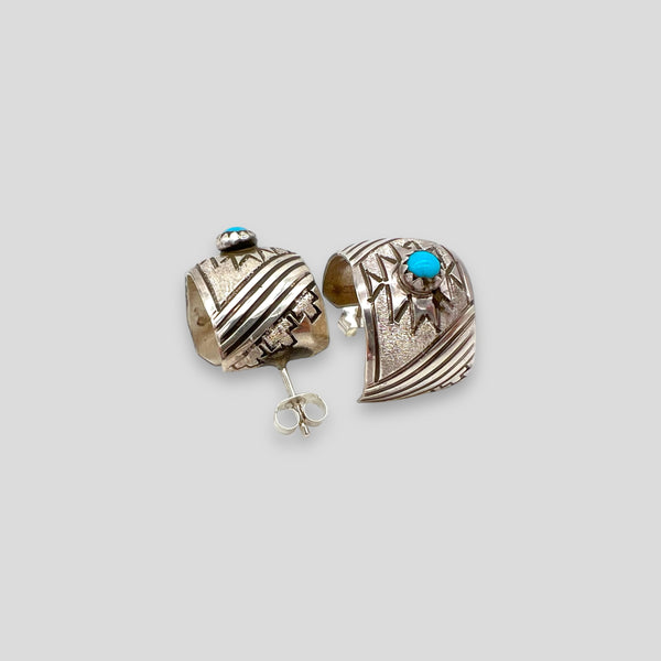 Large Aztec Pattern Turquoise Huggie Earrings