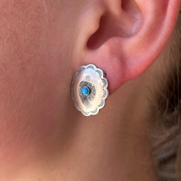 Turquoise and Sterling Silver Oval Concho Post Earrings
