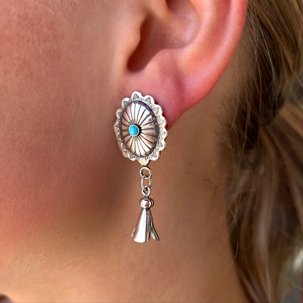 Sterling Silver and Turquoise Concho With Squash Blossom Earrings
