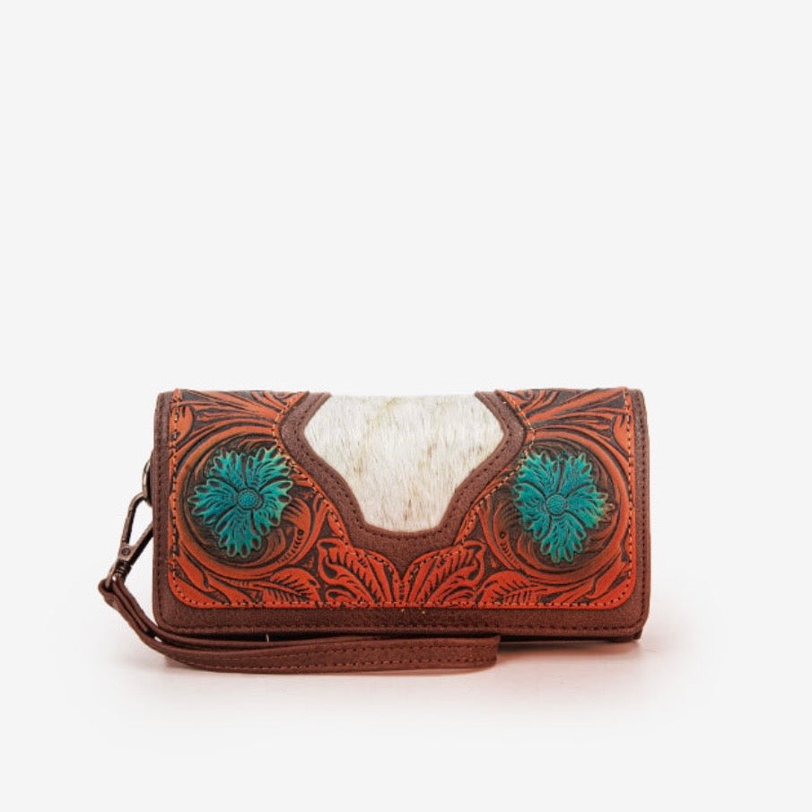 Trinity Ranch Floral Tooled and Hair-On Cowhide Collection Wallet