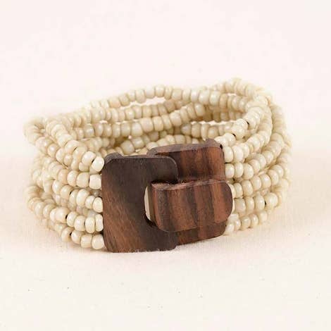 Bali Glass Beads Mini Wood Buckle Bracelet: Cream