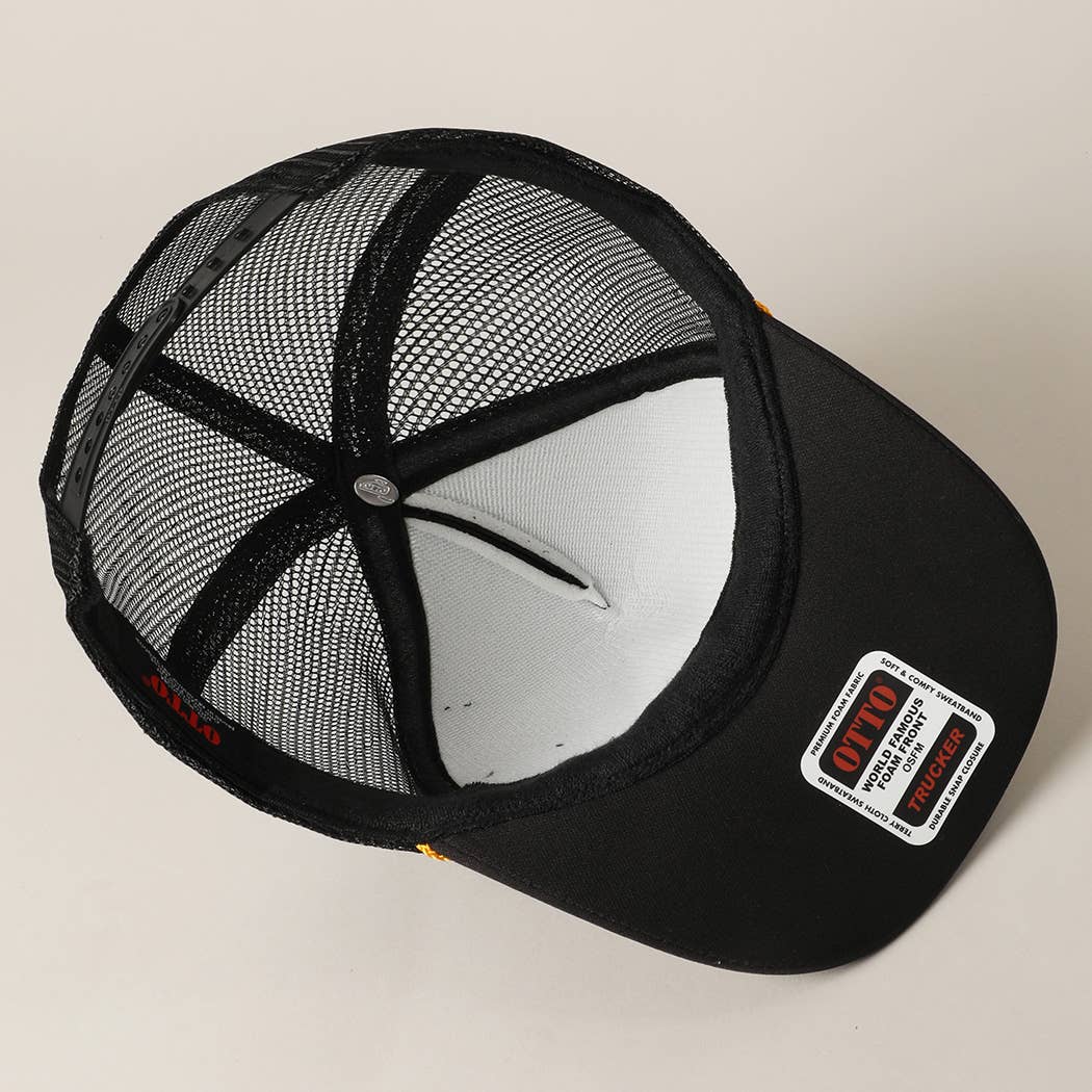 Kiss Me Cowboy Text Foam Mesh Back Trucker Hat: BLKGD / ONE SIZE