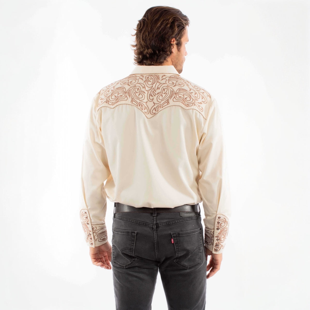 Scully Men’s Embroidered Scroll Western Snap Shirt-Cream
