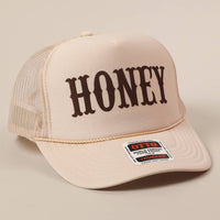 HONEY Text Logo Printed Mesh Back Trucker Hat: TAN / ONE SIZE