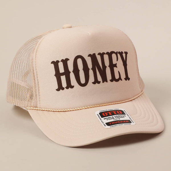 HONEY Text Logo Printed Mesh Back Trucker Hat: TAN / ONE SIZE