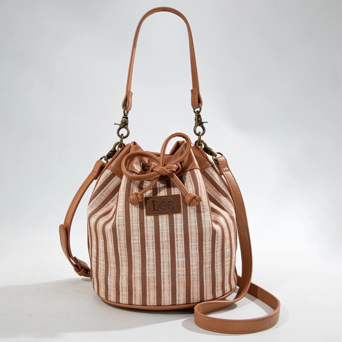 LEE Striped Canvas Drawstring Hobo Bucket Bag/Crossbody