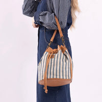 LEE Striped Canvas Drawstring Hobo Bucket Bag/Crossbody