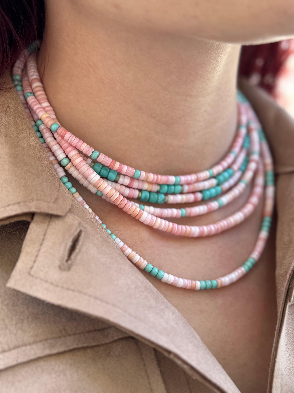 Pink Conch Choker With Three Turquoise Beads