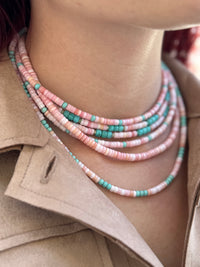 Pink Conch Choker With Three Turquoise Beads