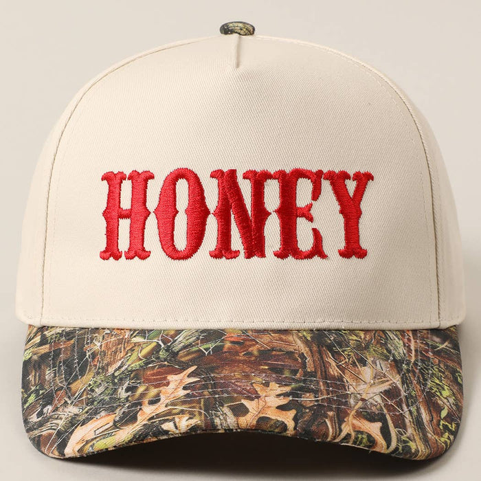 Honey Lettering Embroidery Camo Two-Tone Cap: Camo-Red / One Size