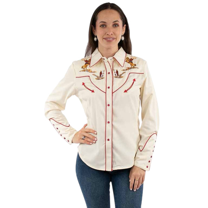 Scully Women’s Cattle Roper Embroidered Western Shirt Cream
