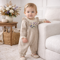 Embroidered Wildflower Linen Baby Romper With Lace Trim
