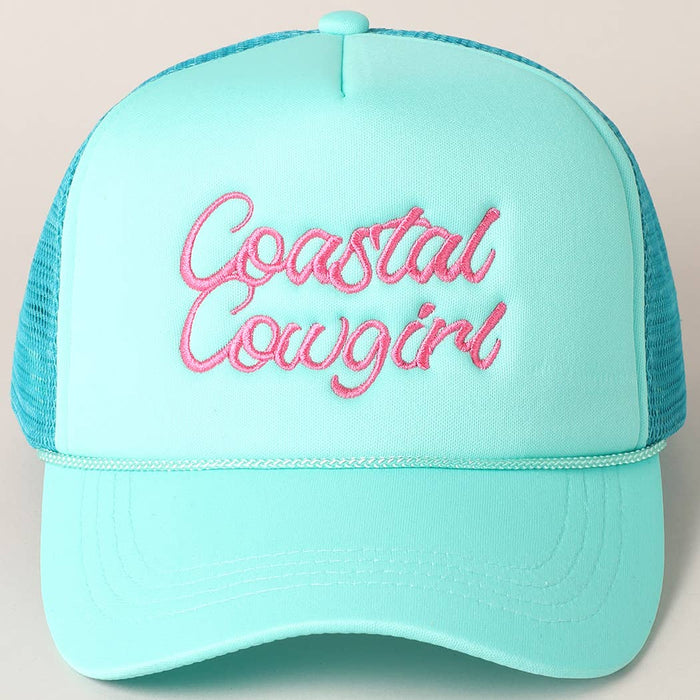 Costal Cowgirl Embroidered Mesh Back Baseball Cap: Turquoise / One Size