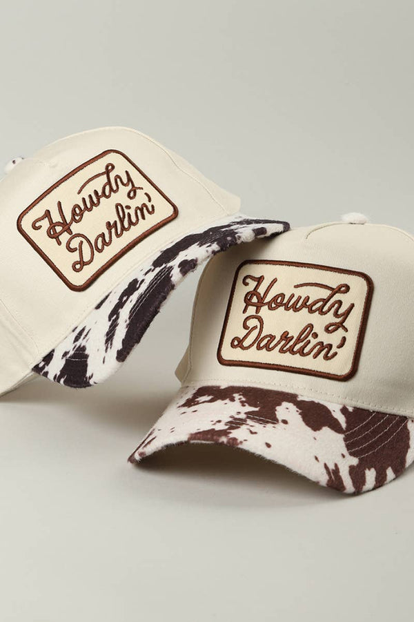 Howdy Darlin Embroidered Patch Animal Print Trucker Hat: BROWN / ONE SIZE
