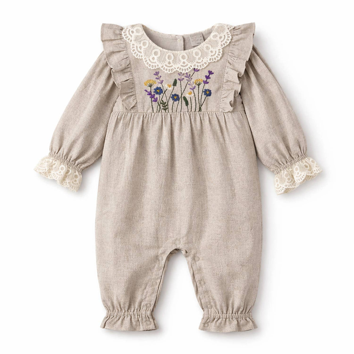 Embroidered Wildflower Linen Baby Romper With Lace Trim