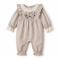Embroidered Wildflower Linen Baby Romper With Lace Trim