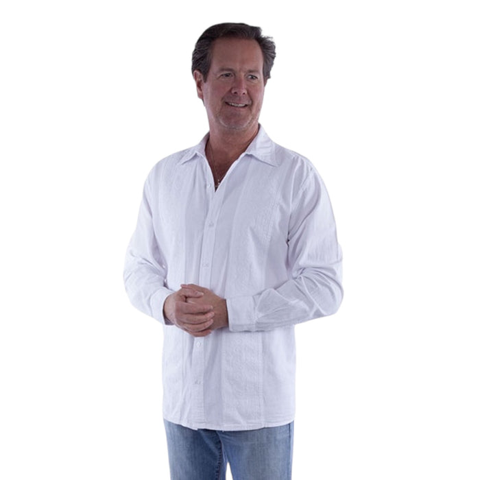 This lightweight and soft cotton shirt features two front panels with tone on tone paisley embroidery on either side of placket. It has a front button closure and point collar. 100% cotton.