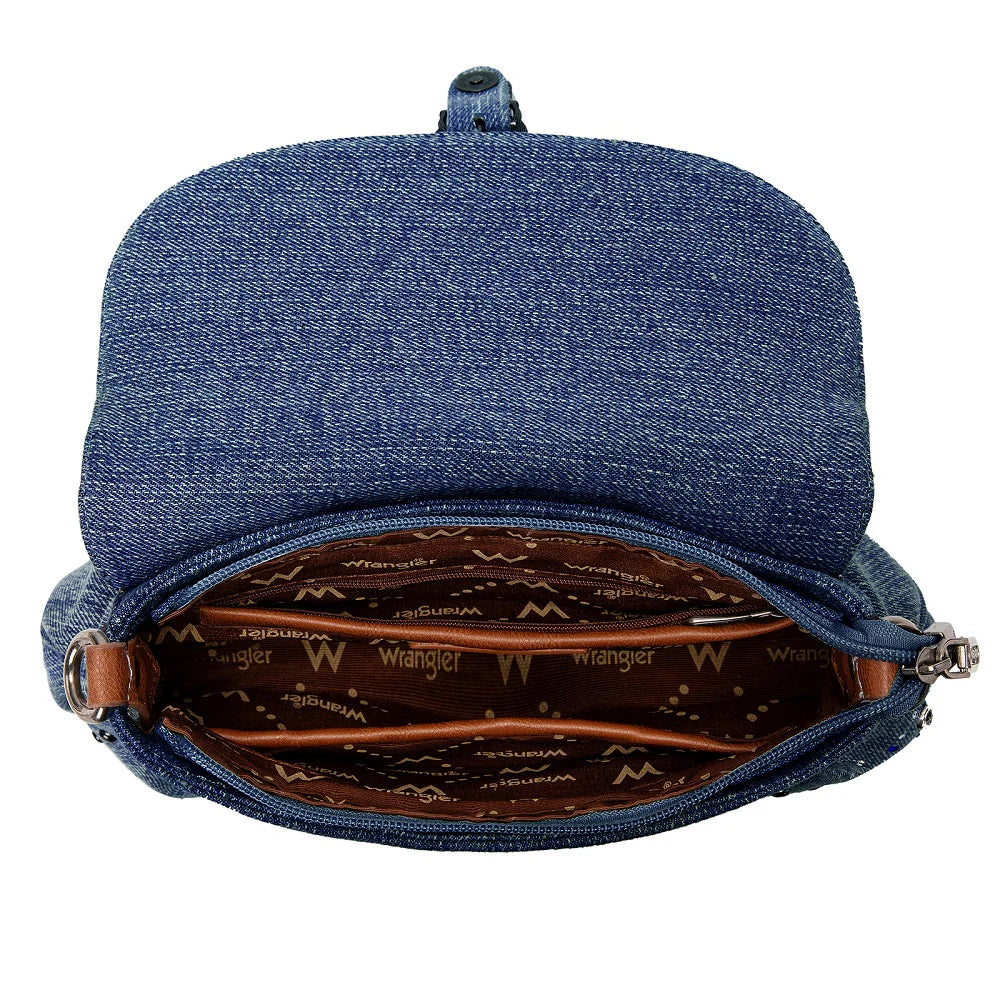 Wrangler Rhinestone Denim Flap Crossbody Shoulder Bag