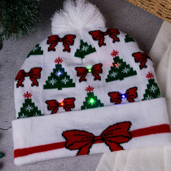 Bow and Tree Led Light Up Beanie with White Pom Pom