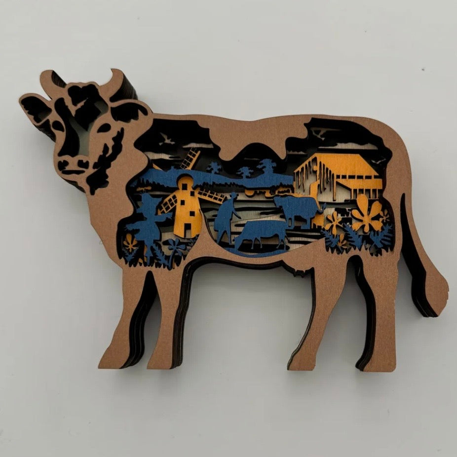 Small Blue Cow Layered Wood Art