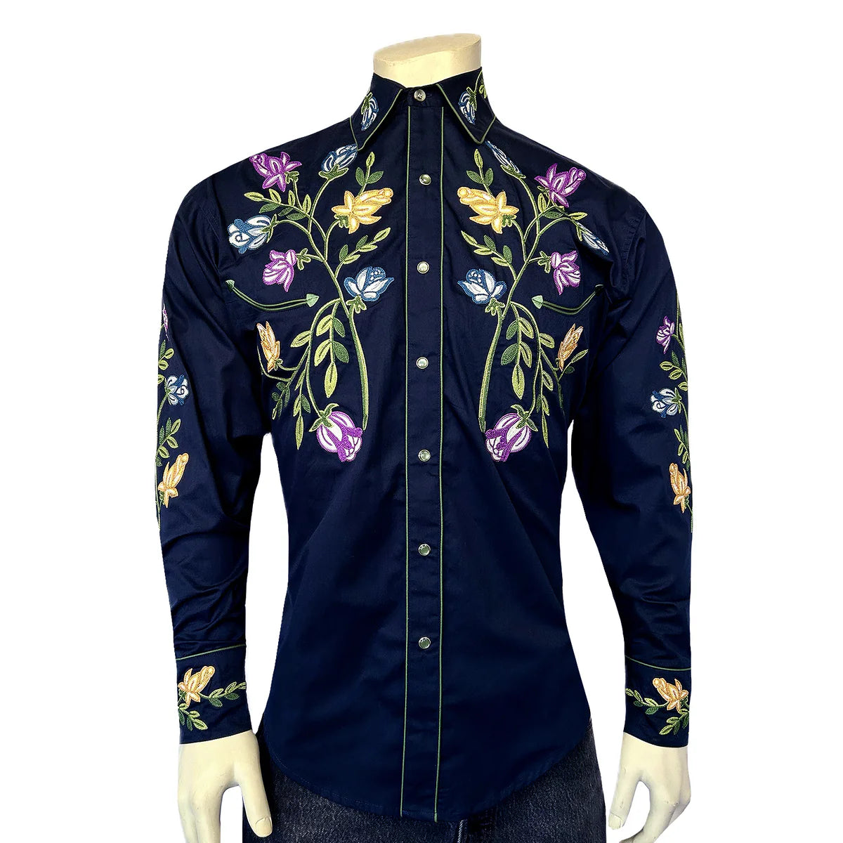 Men's Vintage Navy Floral Crochet Embroidered Western Rockmount Shirt