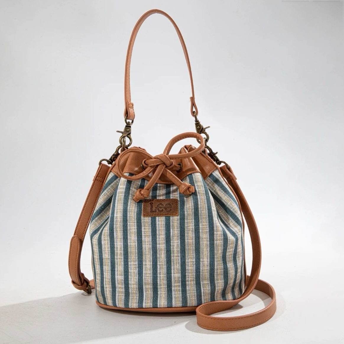 LEE Striped Canvas Drawstring Hobo Bucket Bag/Crossbody