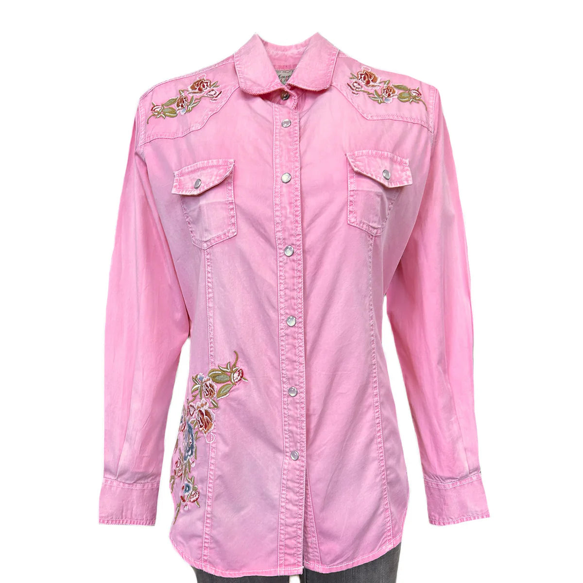 Women's Pink Denim Floral Embroidered Western Rockmount Shirt