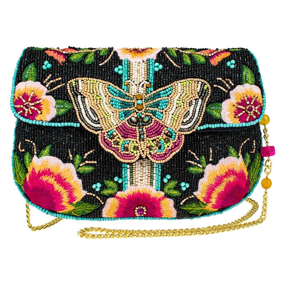 Dream Chaser Black Beaded Butterfly Crossbody Clutch Handbag