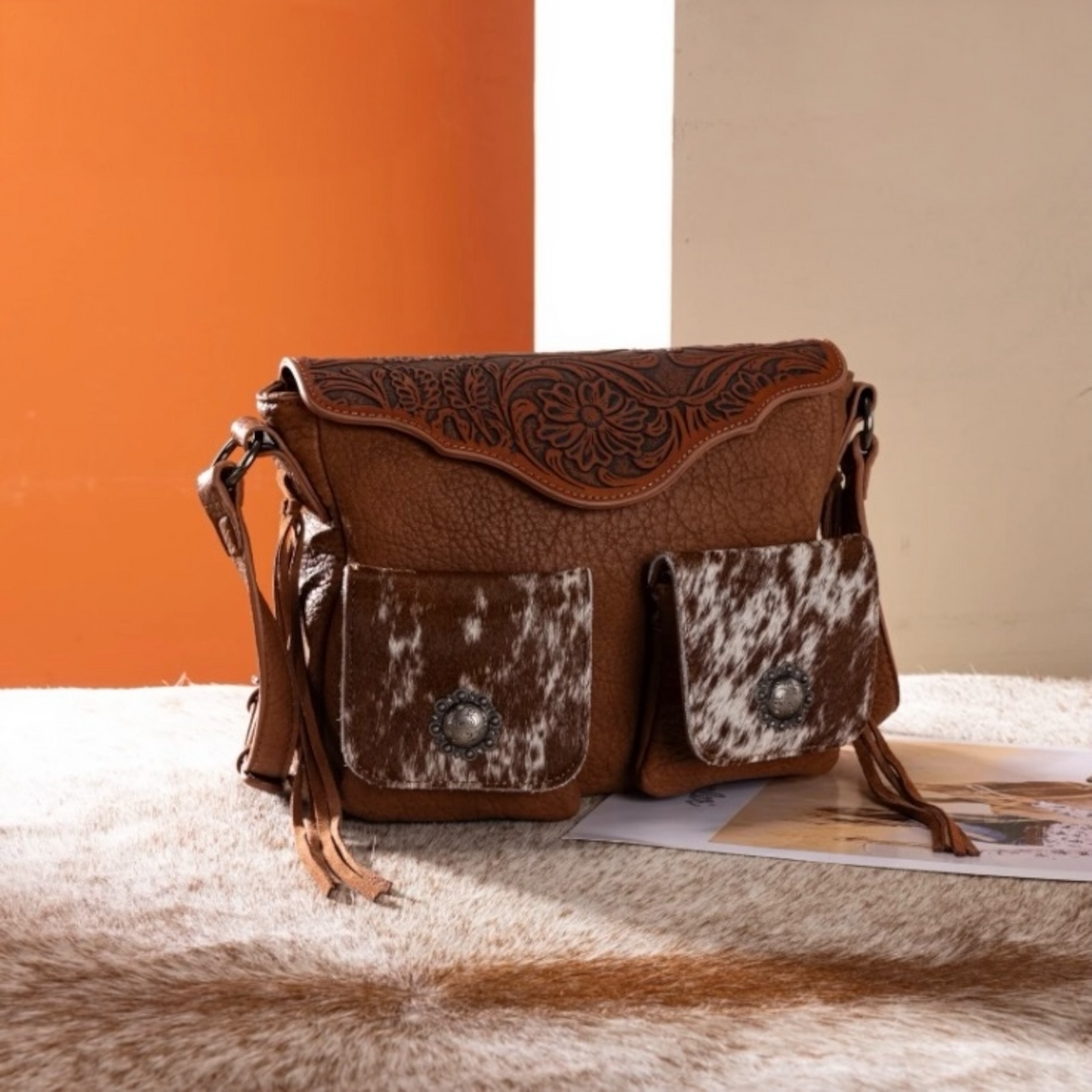 Trinity Ranch Genuine Hair-On Cowhide Tooled Collection Crossbody