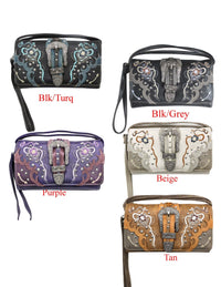 Tri-Fold Buckle Print Wallet with Crossbody Strap
