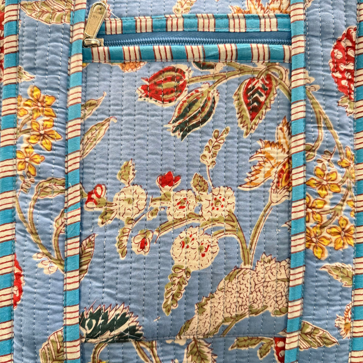 Blue And Red Cotton Floral Block Print Tote
