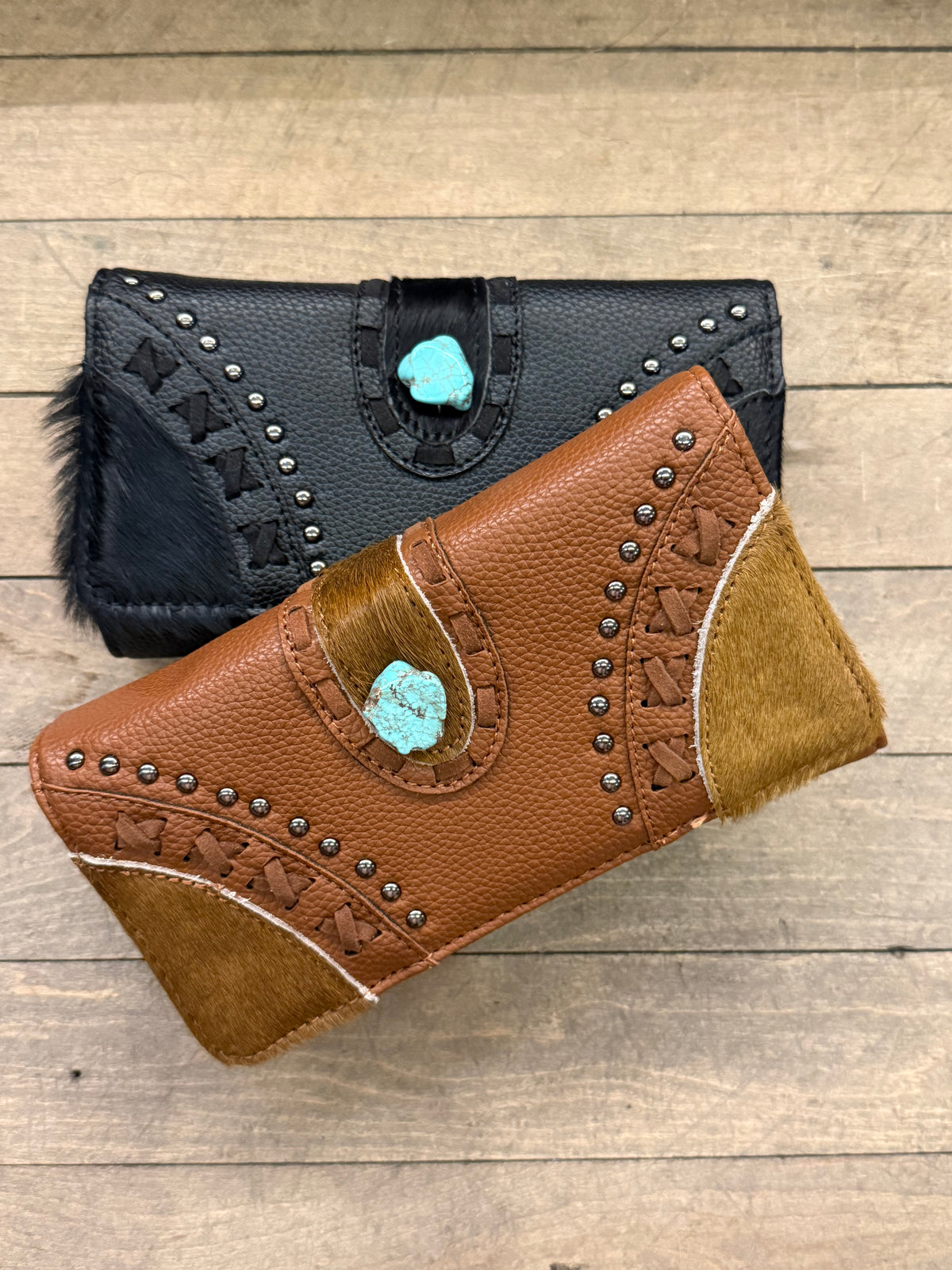 CowHide With Turquoise Stone Wallet