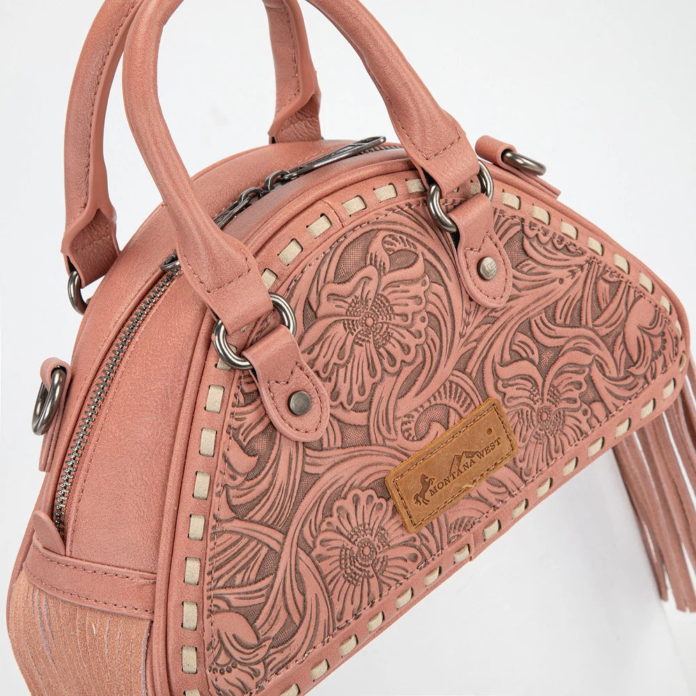 Montana West Tooled Floral Fringe Dome Satchel Bag