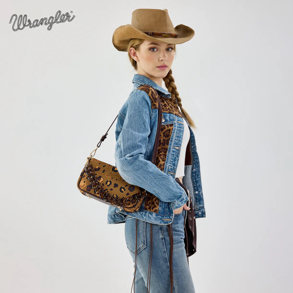 Wrangler Leopard Print Canvas Shoulder Bag with Chain Strap