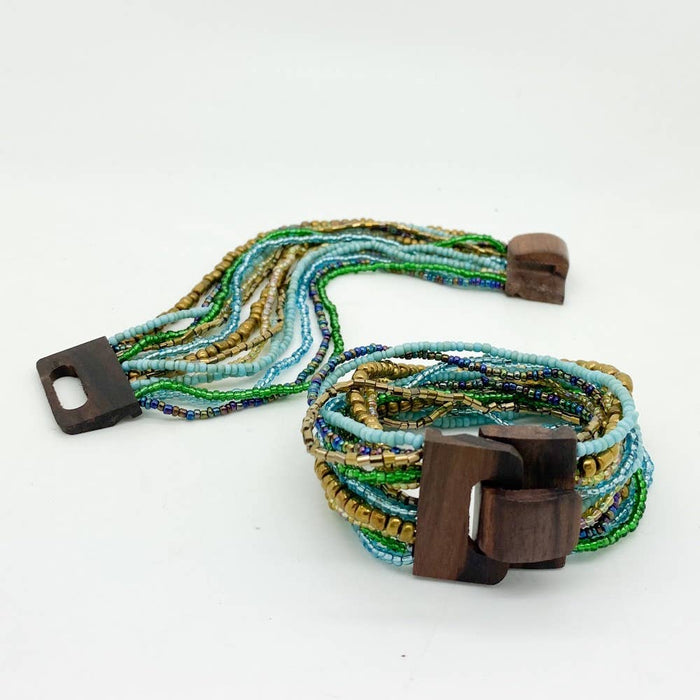 Bali Glass Beads Drizzle Bracelet with Mini Wood Buckle: Turquoise Mix