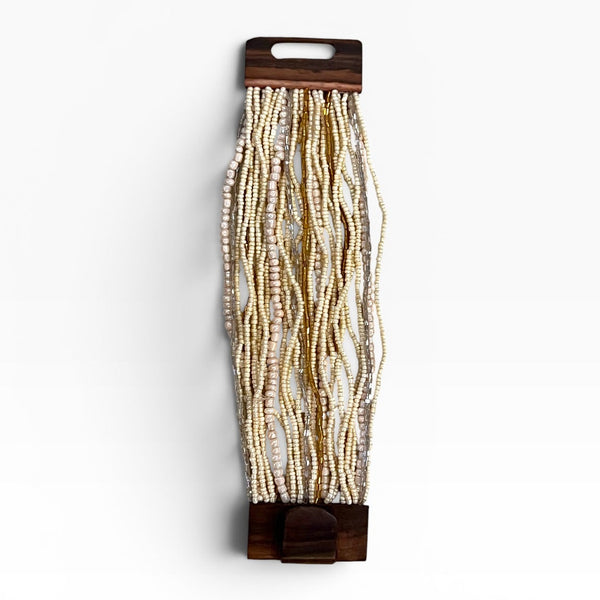 Wood Buckle Beaded Bracelet Pewter/Gold/Cream