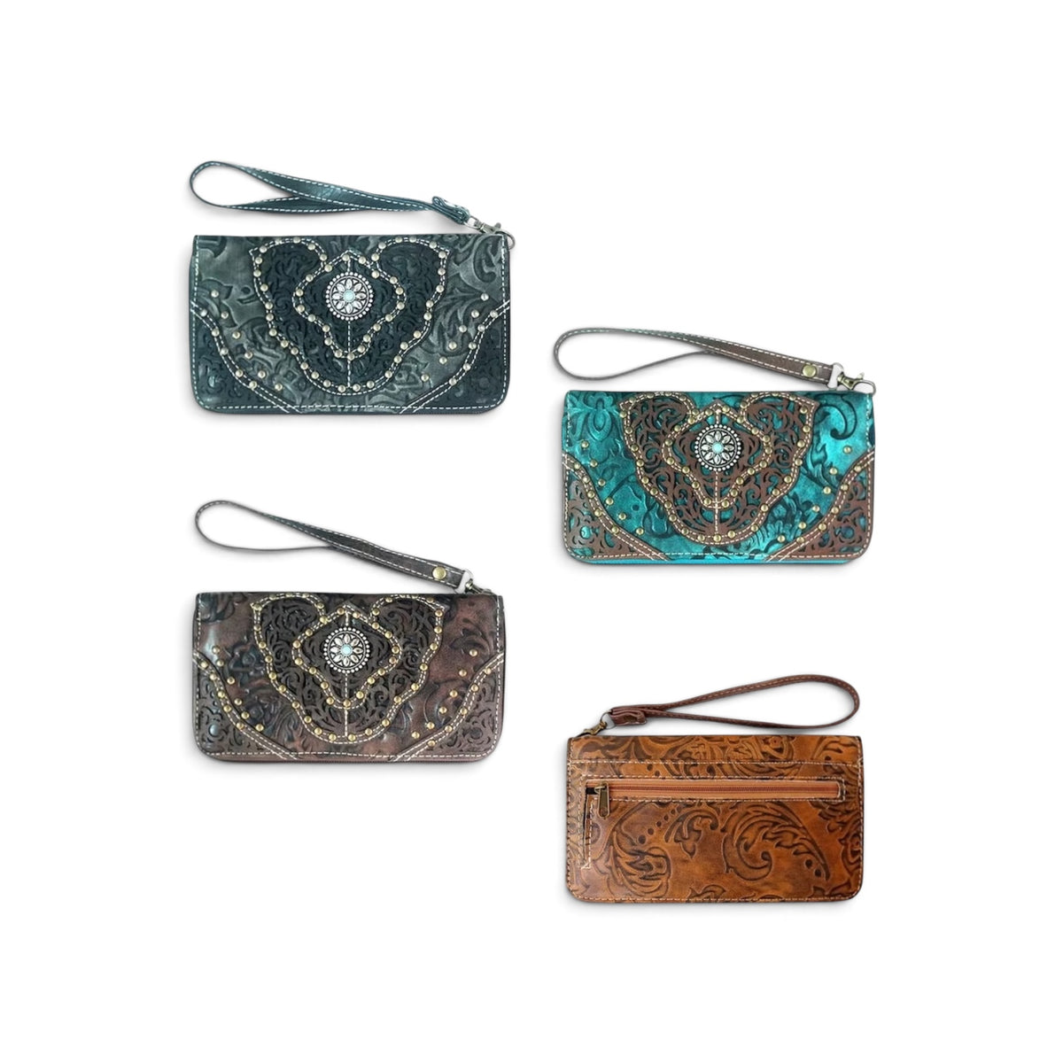 Tooled Studded Zip Wallet