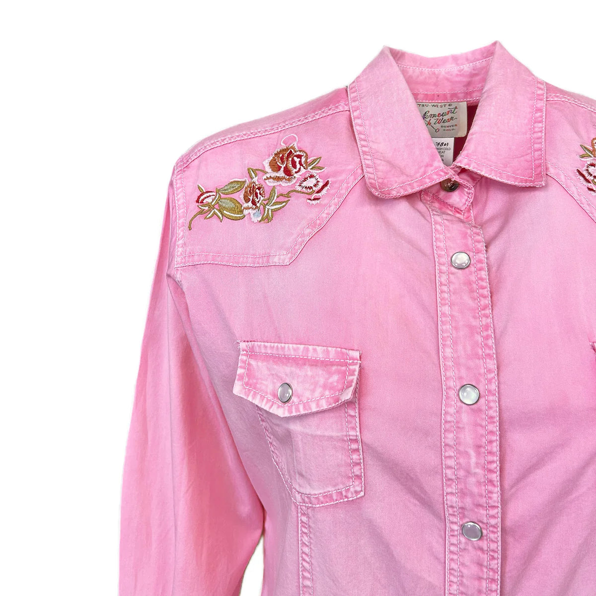 Women's Pink Denim Floral Embroidered Western Rockmount Shirt