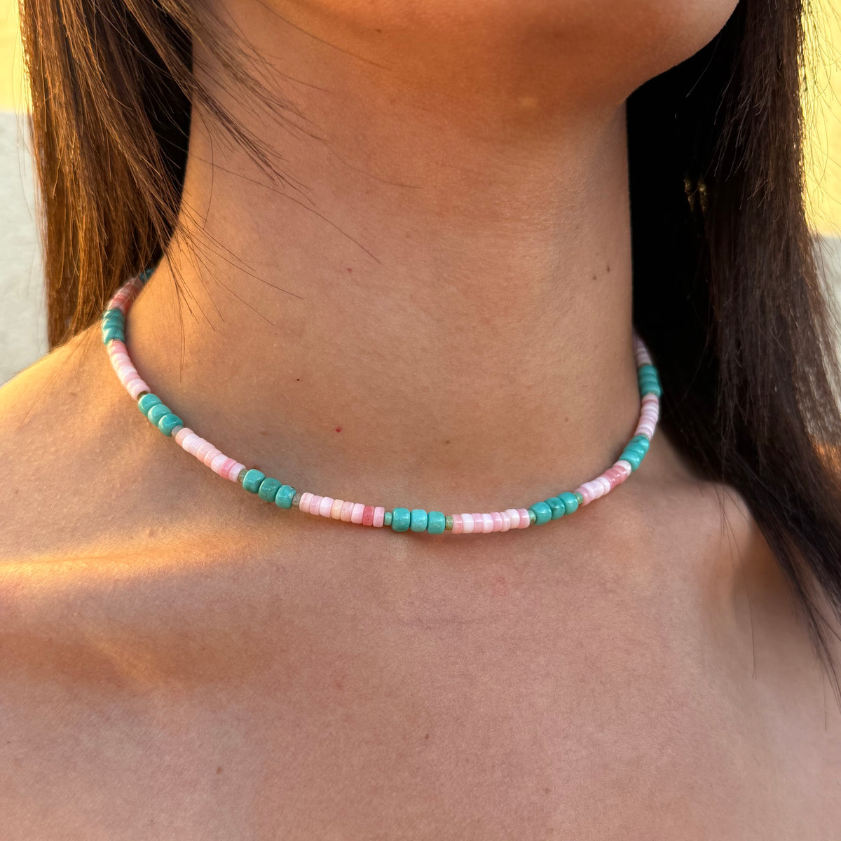 Pink Conch And Three Bead Turquoise Choker