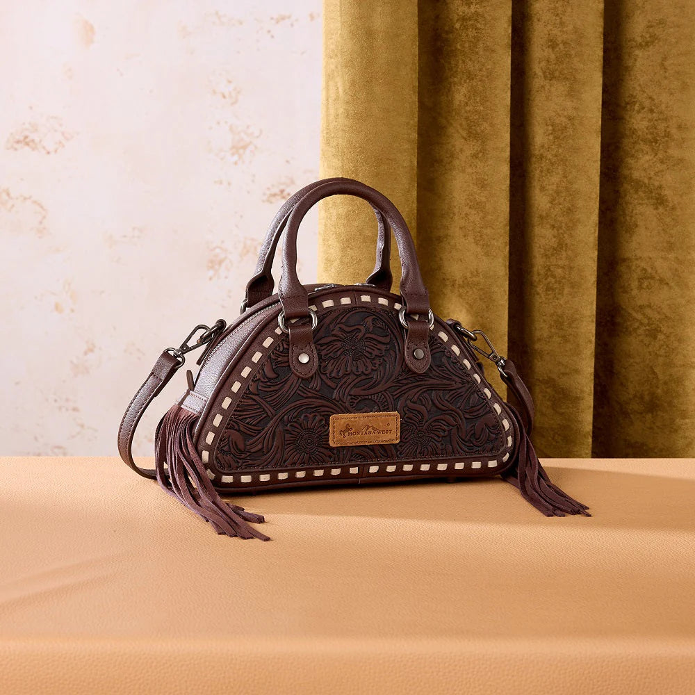 Montana West Tooled Floral Fringe Dome Satchel Bag