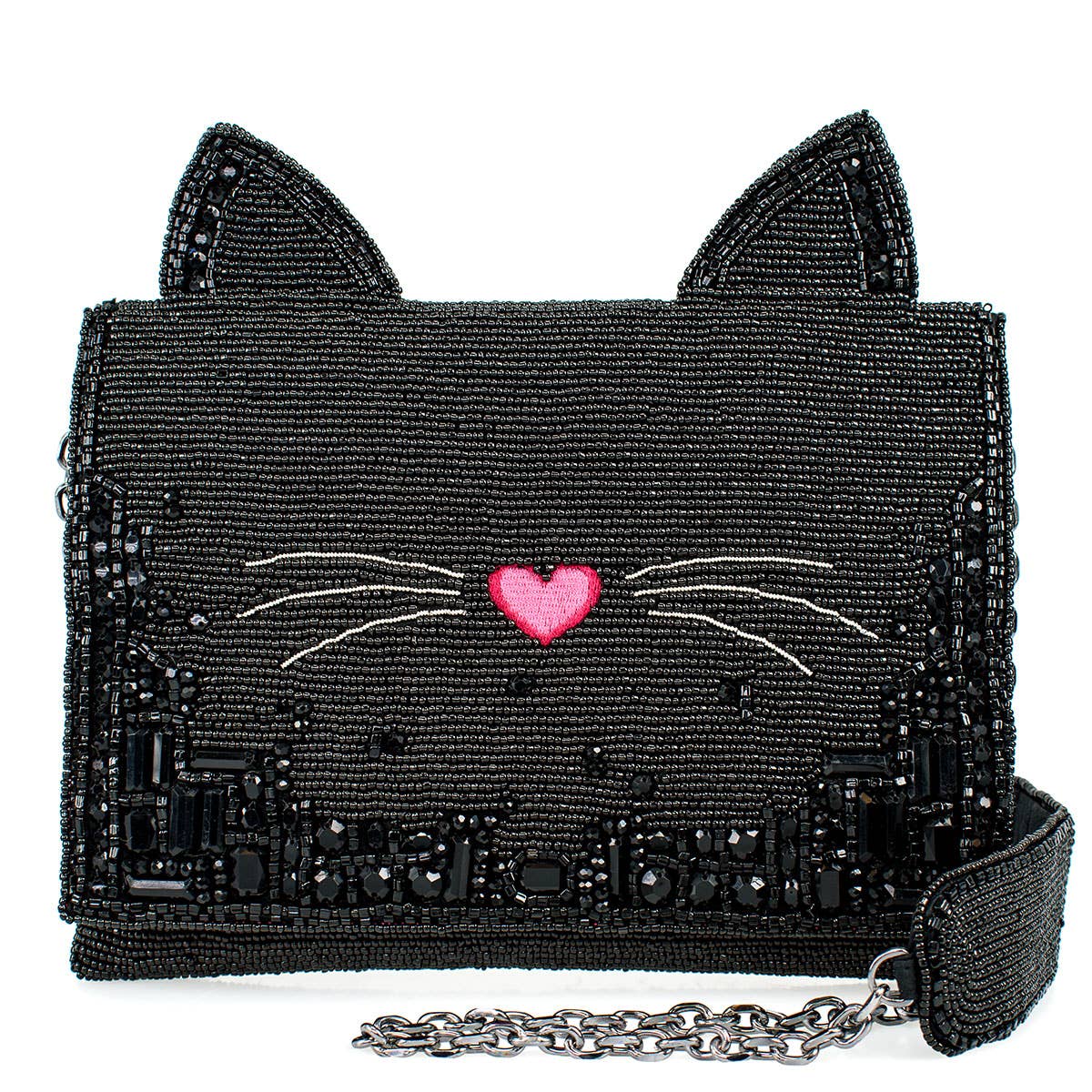 Kitty Couture Black and Pink Beaded Cat Crossbody Handbag