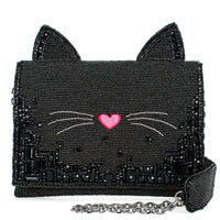 Kitty Couture Black and Pink Beaded Cat Crossbody Handbag
