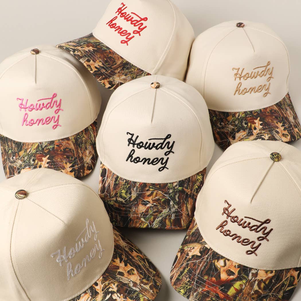 Howdy Honey Embroidery Camo Two-Tone Trucker Hat: CAMO-BEIGE / ONE SIZE