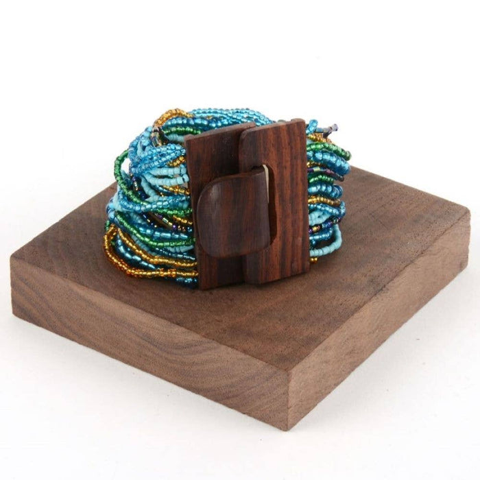 Bali Glass Beads Wood Buckle Bracelet: Turquoise Fabulous